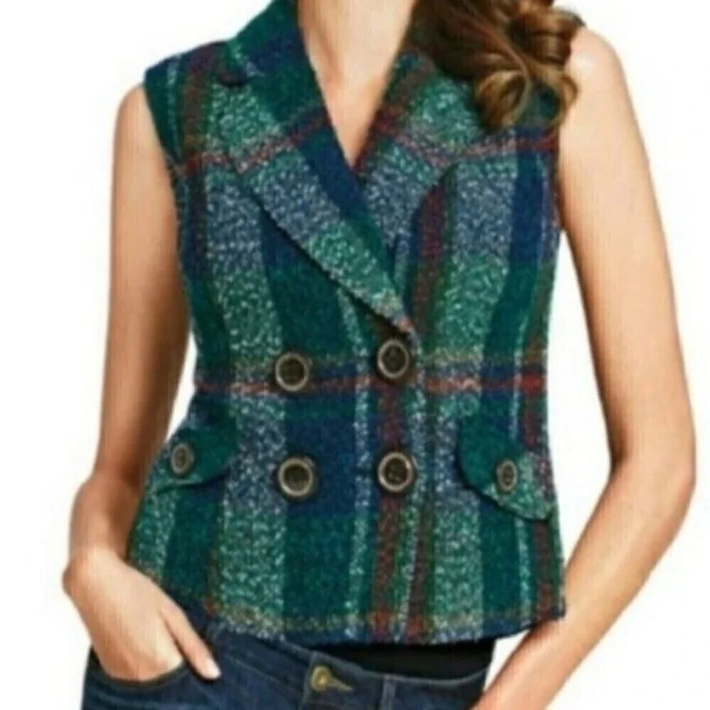 Cabi Size S Wool Plaid Double Breasted Sleeveless Vest Sweater Holiday Party